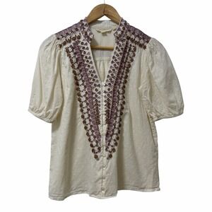 Anthropologie Forever That Girl Embroidered Peasant Blouse Top Size 6P Beaded